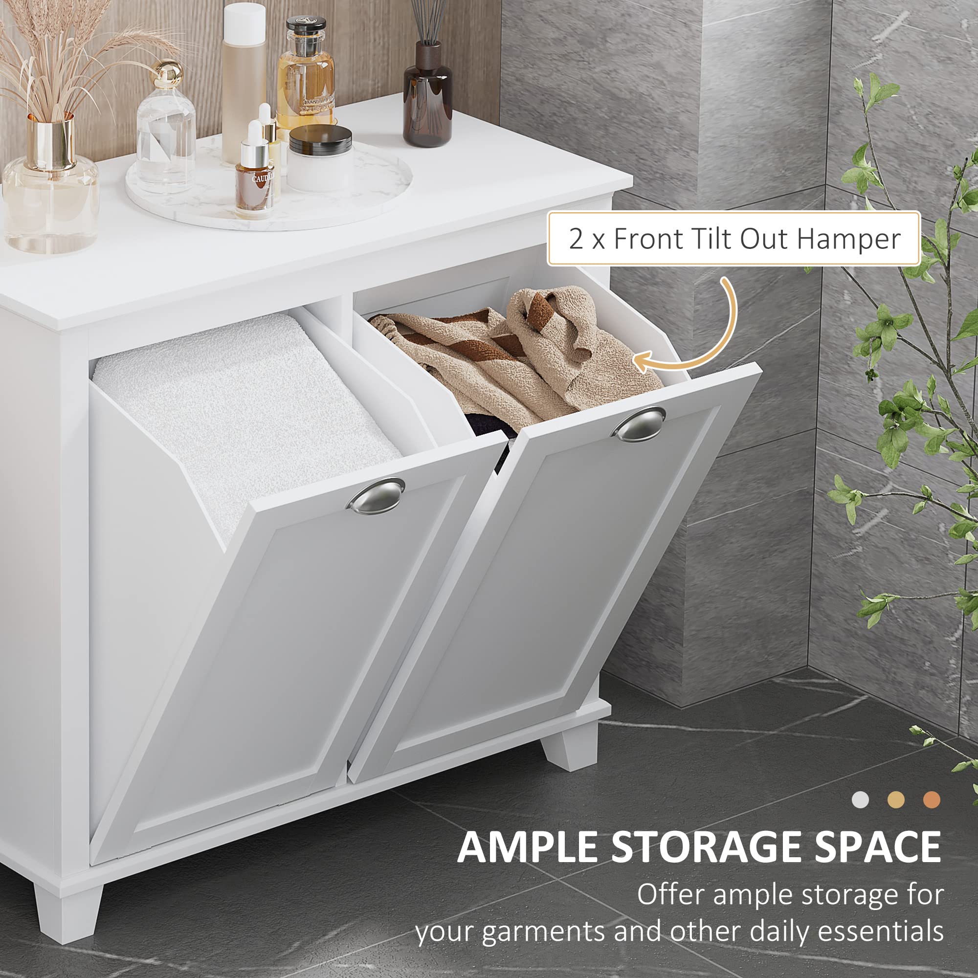 Homcom Dual Tilt Out Laundry Hamper Cabinet, Bathroom Storage Cabinet With 2-Compartment Hamper, Modern Bathroom Floor Cabinet F